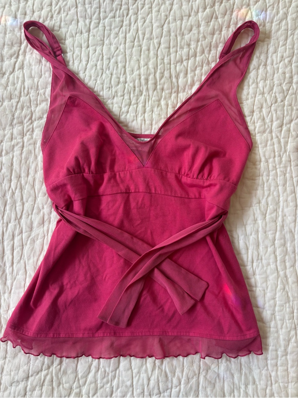 Rhonda Shear Fuchsia V‑Neck Mesh Trim Tie‑Waist Camisole